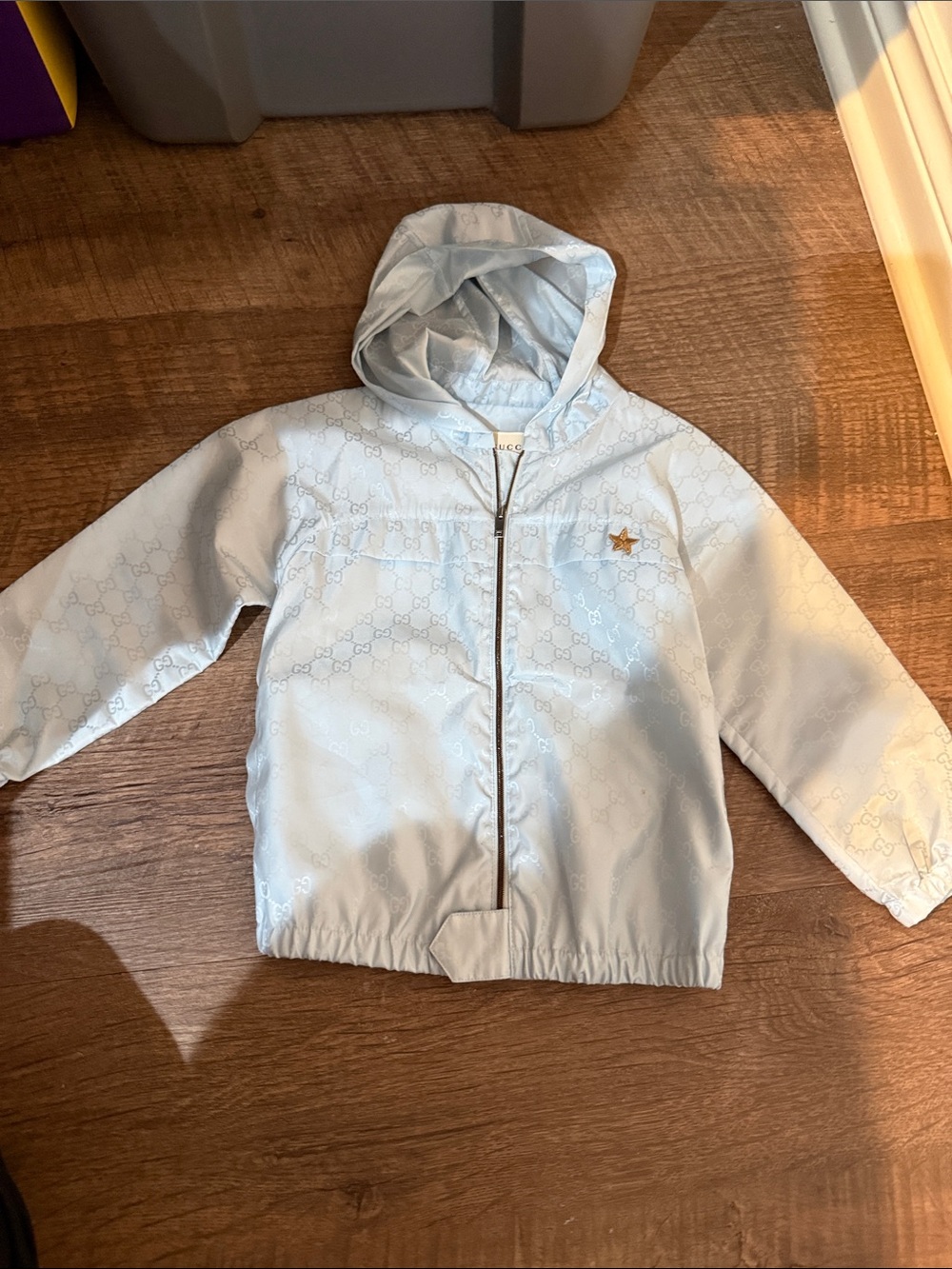 Gucci Light Blue Hooded Logo Jacket with Gold Star